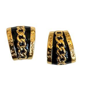 St. John Vintage Black Enamel Chain Clip Earrings Gold Tone Logo